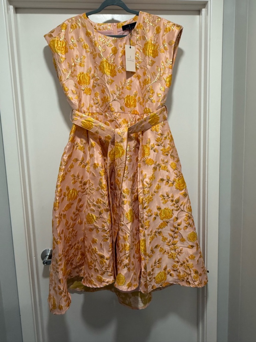 Elegant Pink & Yellow Floral Fit-and-Flare Dress with Self-Tie Belt